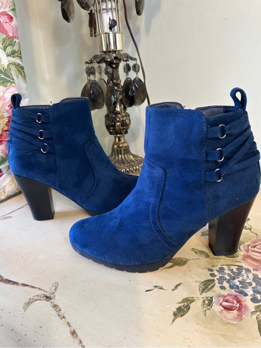 Rialto “Sonny” Blue Faux Suede Strappy Ankle Boots Booties
